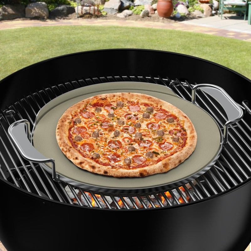 Skyflame Gourmet BBQ System Pizza Stone, 13-inch Baking Stone with Stainless Steel Carry Rack, Compatible With Weber 8836, Kettle Charcoal/Smoke/Gas/Ceramic Grills, Pizza Oven - Image 1